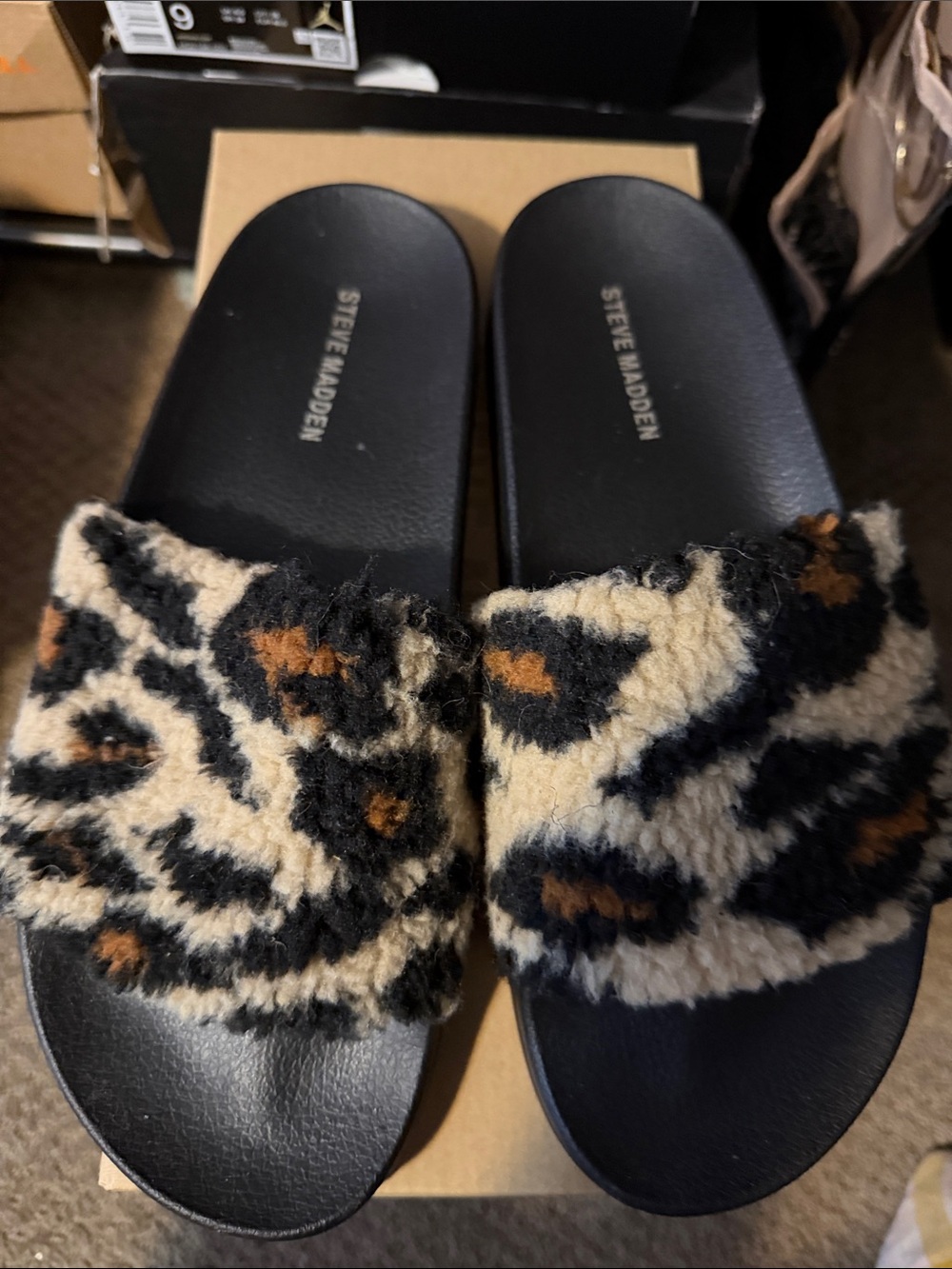 Steve Madden Leopard Faux-Shearling Slide Sandals in Black, Beige & Brown